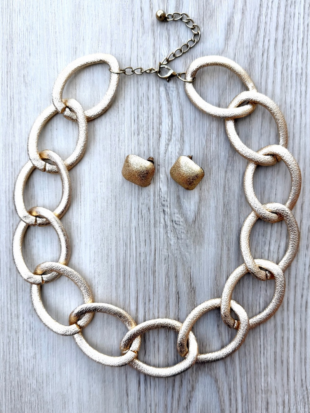 Vintage 1980s Chunky Gold Link Statement Necklace & Earring Set Stardust Texture